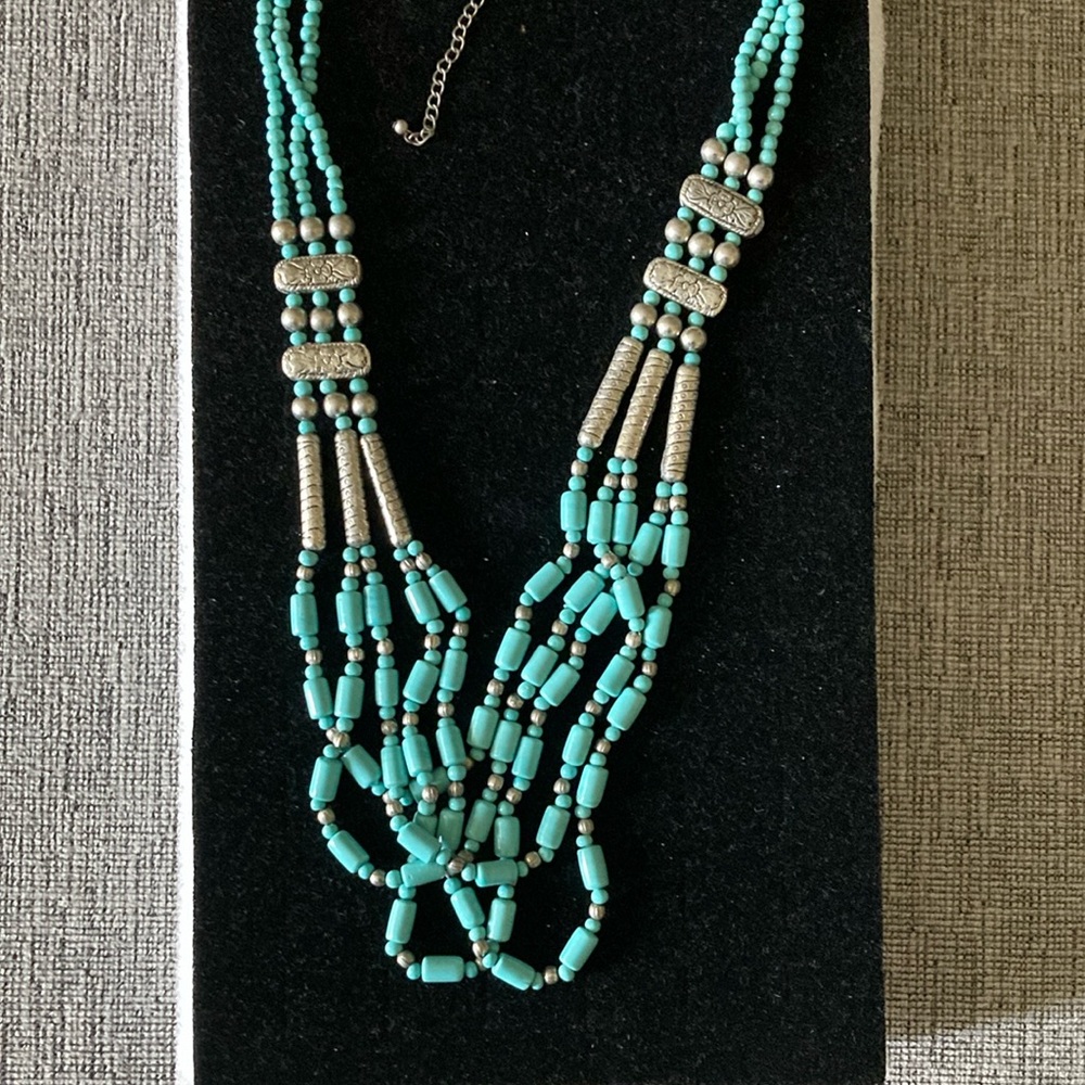 Boho style silver tone and Turquoise glass beaded multi strand Necklace….